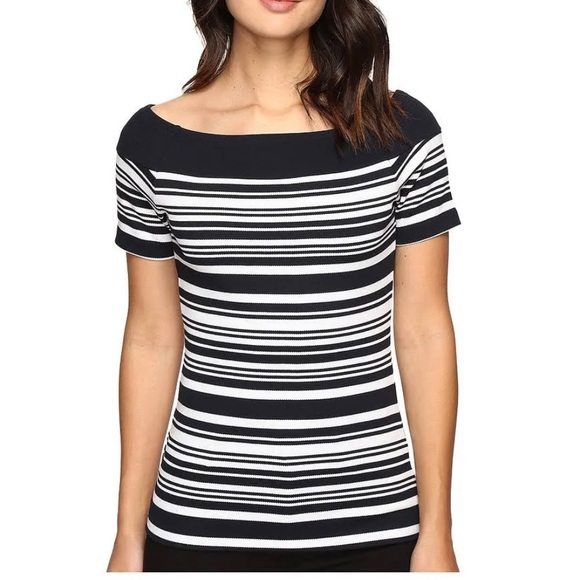 MICHAEL KORS NAVY/WHITE STRIPED TEXTURED PIQUE OFF THE SHOULDER TOP SzM - Picture 3 of 7